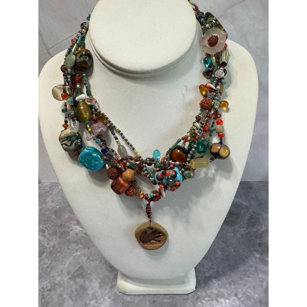 Vintage Multistrand Lampwork Veneitan Murano Beaded Necklace w/Hamsa Talisman - Picture 2 of 11